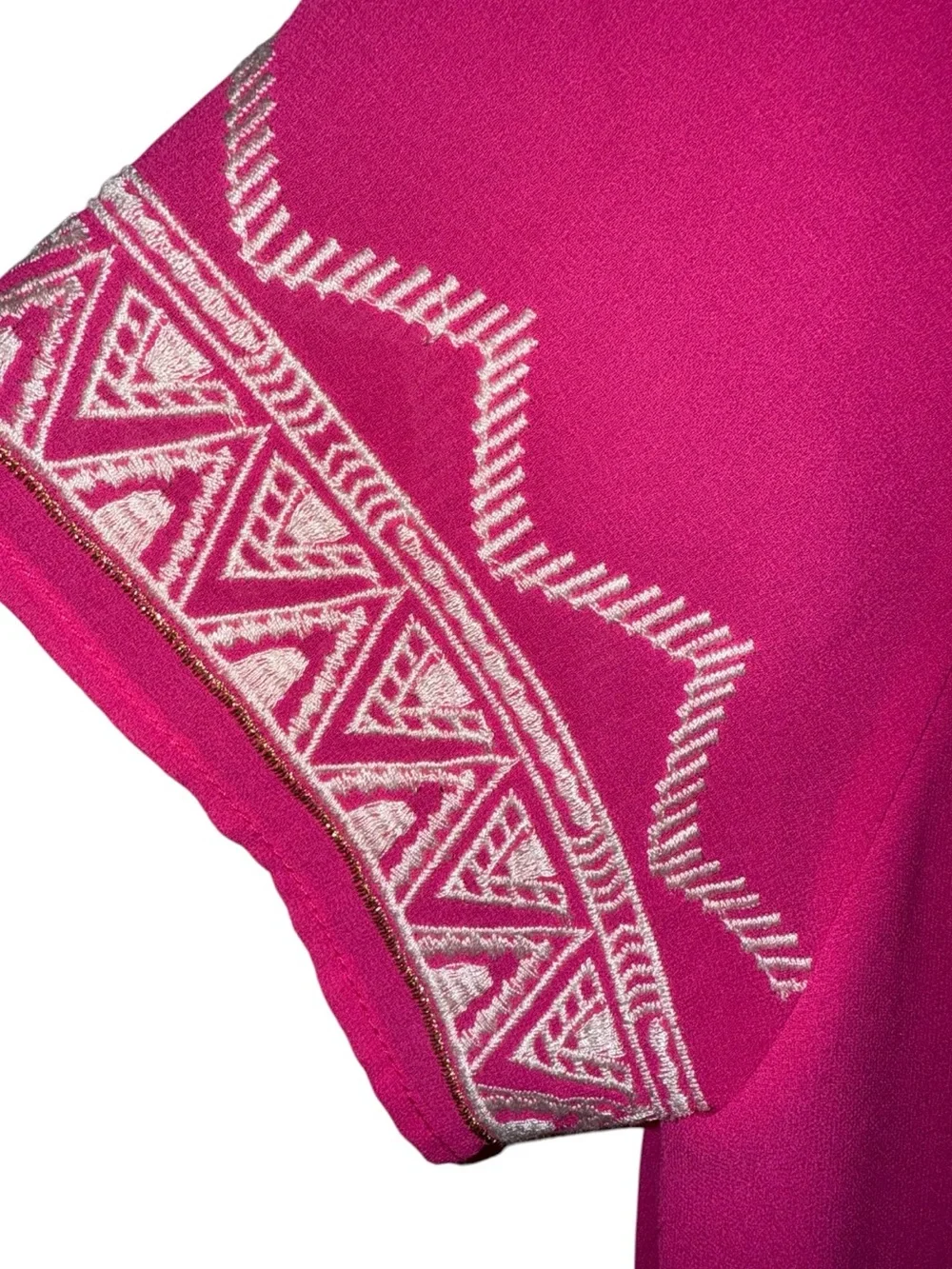 Ya Los Angeles Silk Split Back Hot Pink, Boho Top, Embroidered Sleeve Trim Nwot